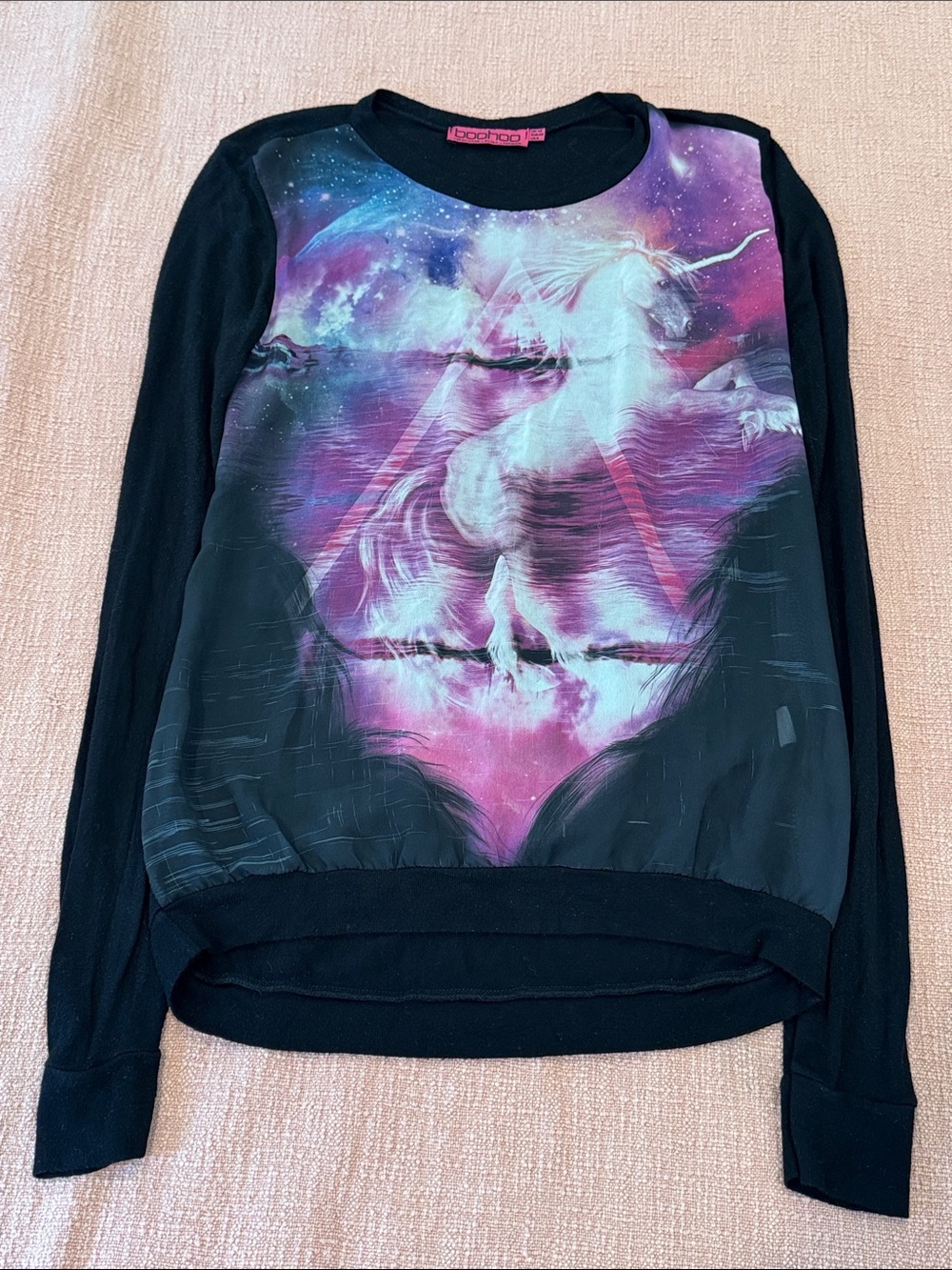 Unicorn Crewneck pullover with Pink & Purple Unicorn Print - sheer front